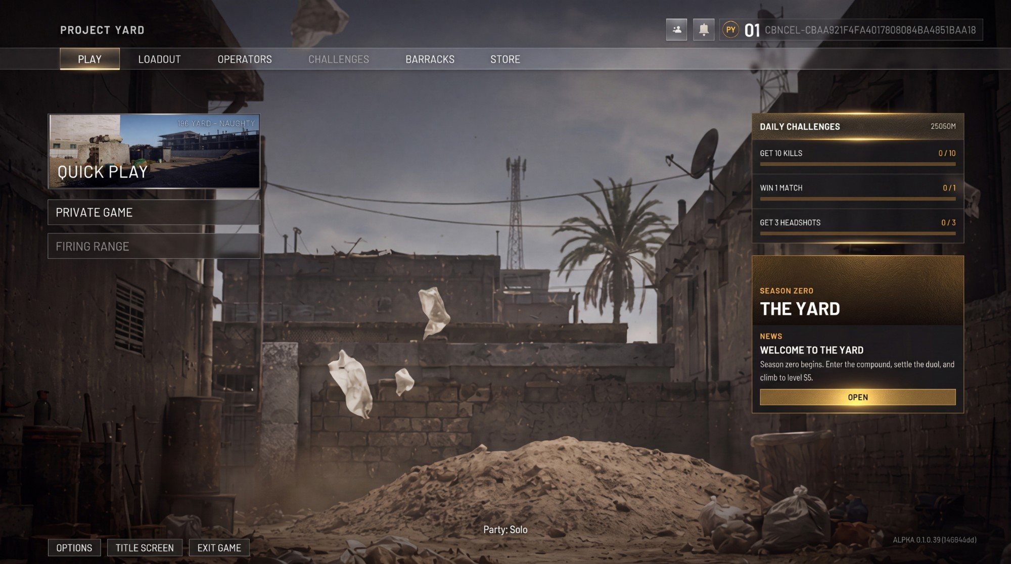 The main menu of the alpha over an alley with a palm tree, a cell tower and drifting plastic bags