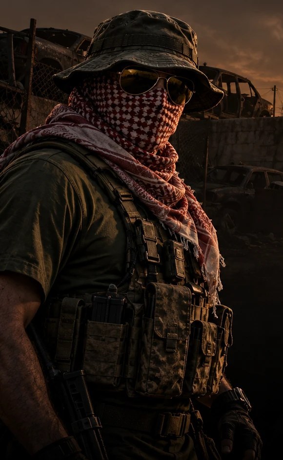 Your opponent: an operator in a bucket hat, gold aviators and a red shemagh over the face