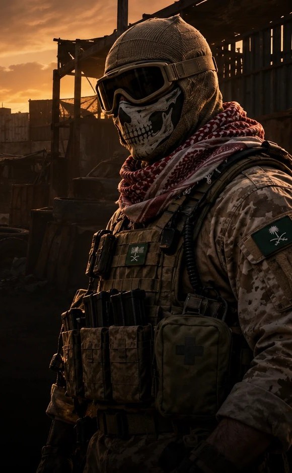 You: a soldier in a skull-print balaclava, goggles and desert camouflage with a Saudi flag patch