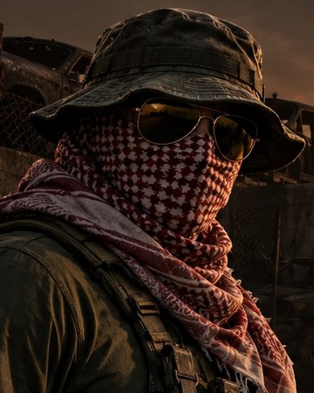 Operator one: an olive bucket hat, gold aviators and a red-and-white shemagh worn over the face
