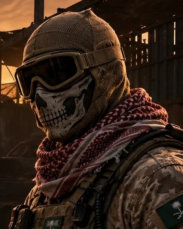 Operator two: a skull-print balaclava, tan goggles, a red-and-white shemagh and a Saudi flag patch