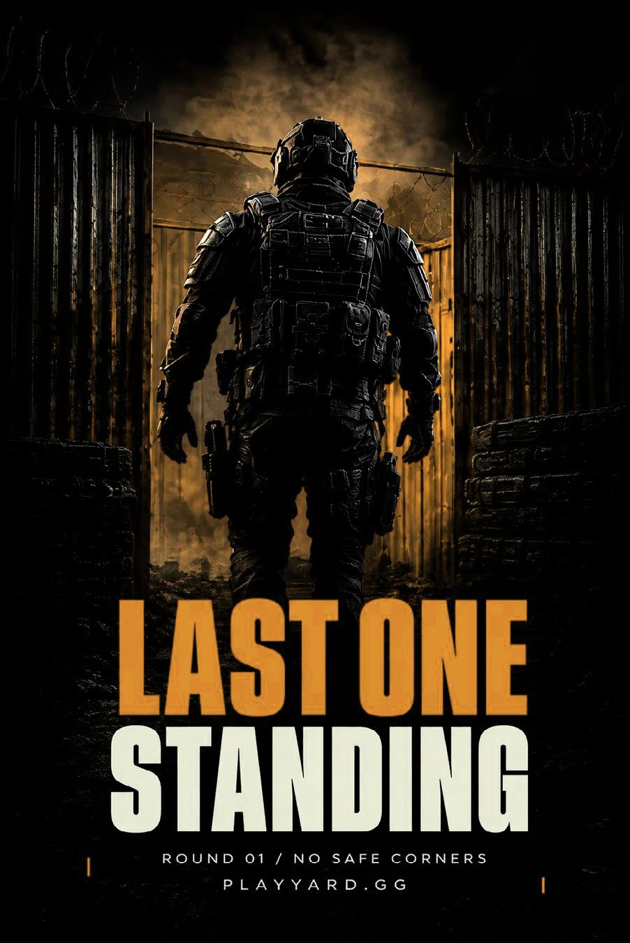 Poster: an operator walking out through a burning gate, the words Last one standing